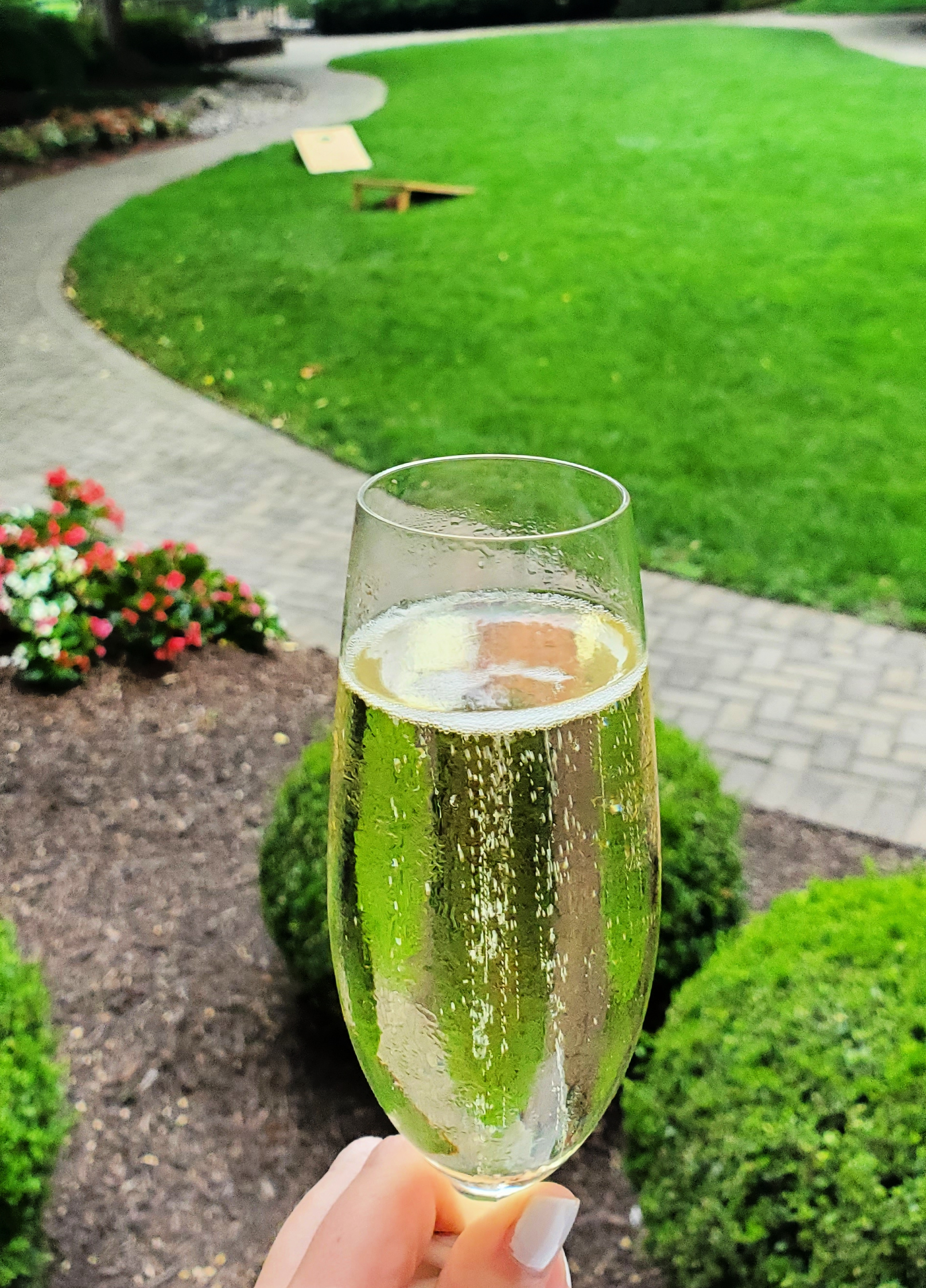 A hand holding a flute of Champagne in front of a garden path
